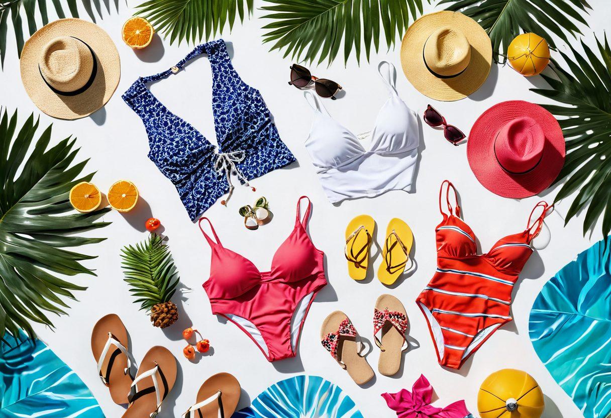 A vibrant beach scene showcasing a stylish array of beachwear essentials laid out on a poolside. Include fashionable swimsuits, trendy cover-ups, chic sandals, and vibrant beach accessories surrounded by tropical plants and a sparkling pool. Capture the essence of relaxation and summer fun with bright colors and sunlight reflections. super-realistic. vibrant colors. white background.