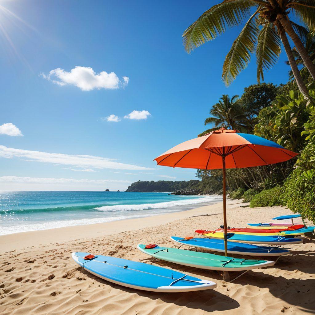 A sun-soaked beach scene featuring a diverse group of stylish individuals showcasing the latest bikini trends, surrounded by colorful beach umbrellas and playful ocean waves. Include vibrant tropical plants and a clear blue sky with fluffy white clouds. Add elements like surfboards and beach volleyball for an energetic summer vibe. super-realistic. vibrant colors. summer aesthetics.